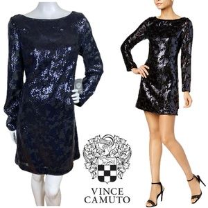 VINCE CAMUTO Sequined Black Blue Mini Shift Dress Long Sleeves Back Zip-up Sz 8